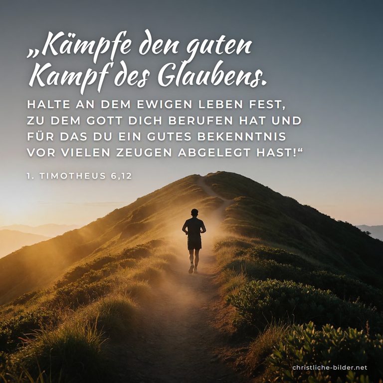 Bibelvers 1. Timotheus 6,12: Kämpfe den guten Kampf des Glaubens – Läufer auf dem Bergpfad