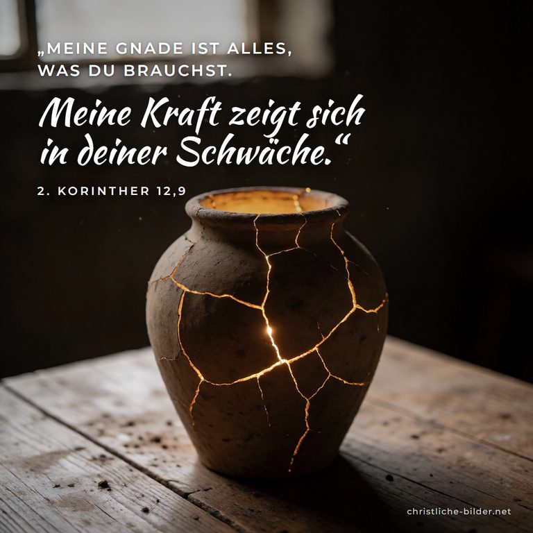 Bibelvers 2. Korinther 12,9: Meine Kraft zeigt sich in deiner Schwäche – Rissiger Tonkrug mit Licht von innen