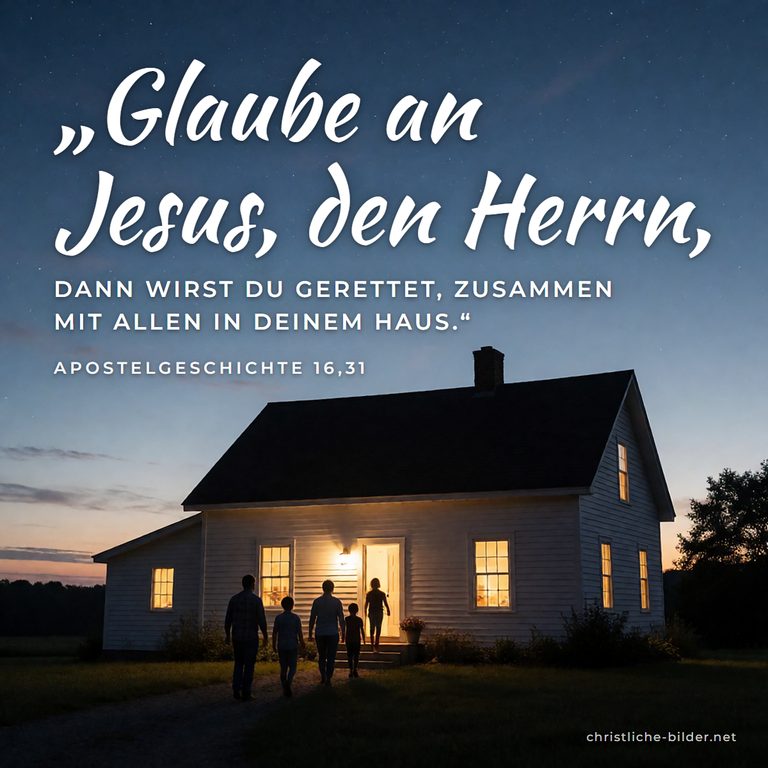 Bibelvers Apostelgeschichte 16,31: Glaube an Jesus, den Herrn – Familie auf dem Weg nach Hause