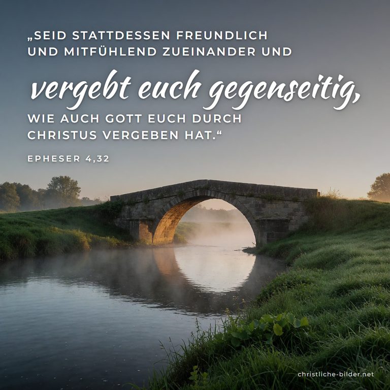 Bibelvers Epheser 4,32: Vergebt euch gegenseitig – Steinbrücke über ruhigem Fluss