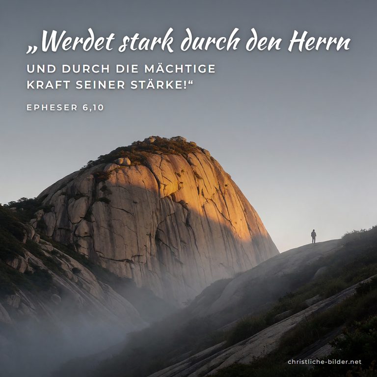Bibelvers Epheser 6,10: Werdet stark durch den Herrn – Granitgipfel im Morgenlicht