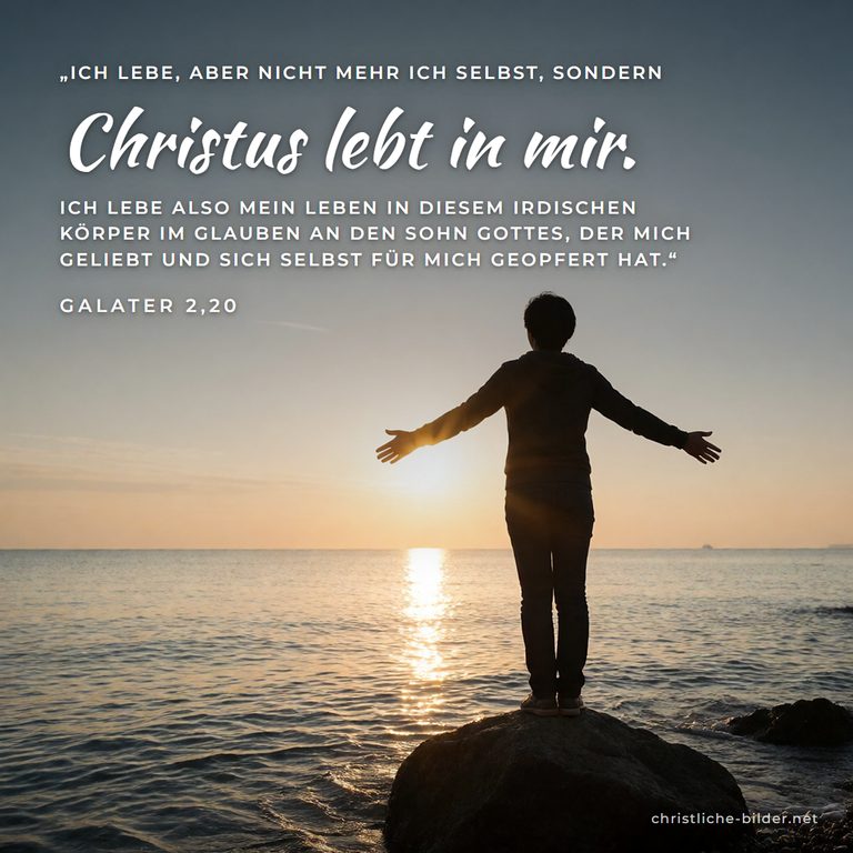Bibelvers Galater 2,20: Christus lebt in mir – Silhouette mit offenen Armen am Meer