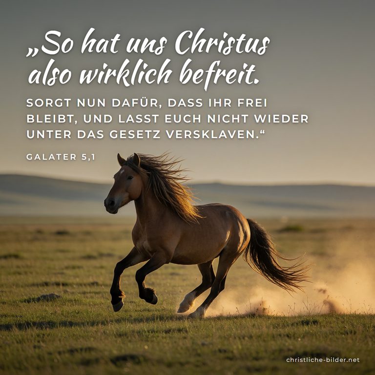Bibelvers Galater 5,1: Christus hat uns wirklich befreit – Pferd galoppiert frei über die Ebene