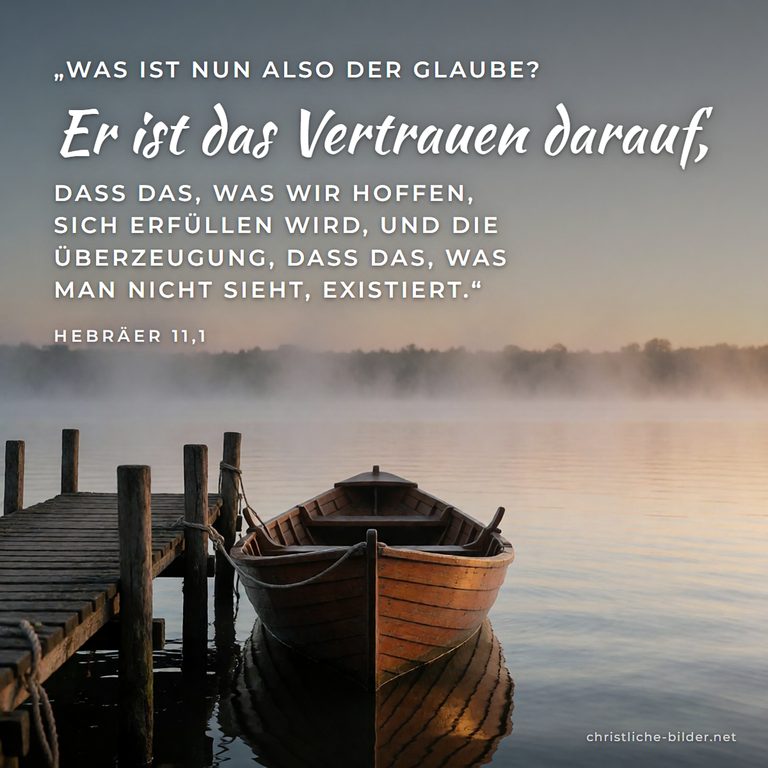 Bibelvers Hebräer 11,1: Glaube ist das Vertrauen auf das, was wir hoffen – Ruderboot am Steg im Nebel