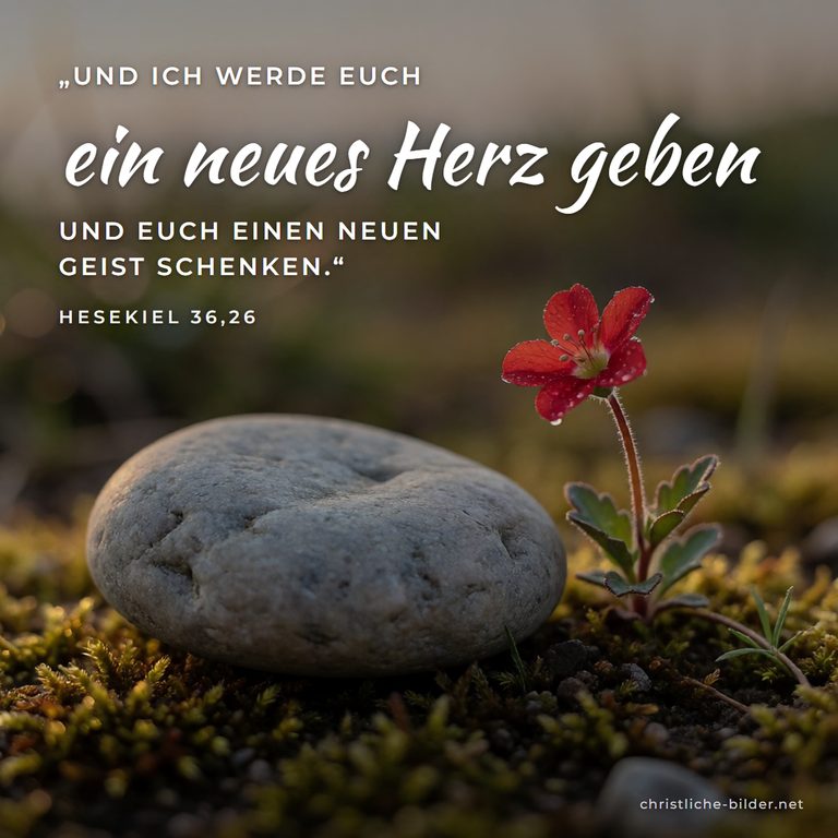 Bibelvers Hesekiel 36,26: Ich werde euch ein neues Herz geben – Stein und blühende Blume