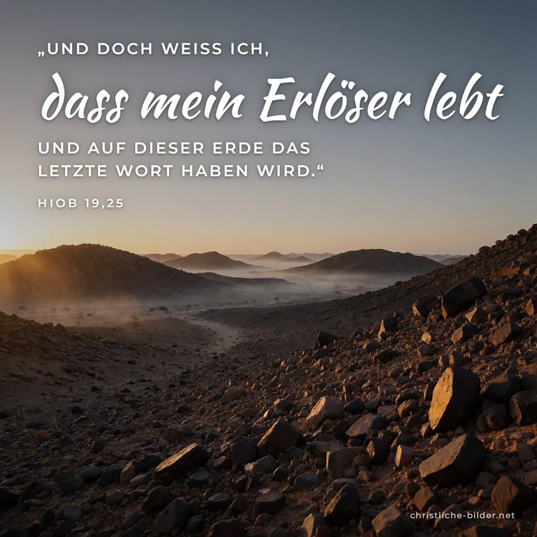 Bibelvers Hiob 19,25: Ich weiß, dass mein Erlöser lebt – Sonnenaufgang über felsiger Wüste