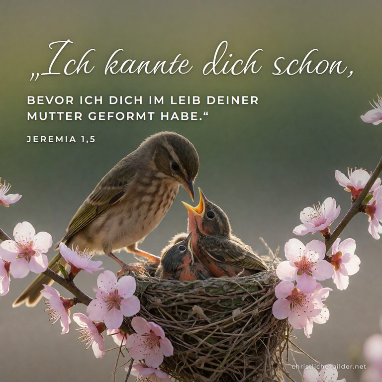 Bibelvers Jeremia 1,5: Ich kannte dich schon, bevor ich dich geformt habe – Vogelnest im blühenden Zweig