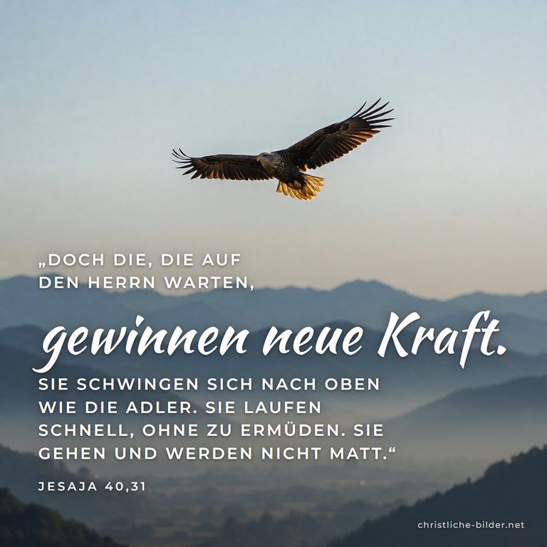 Bibelvers Jesaja 40,31: Die auf den HERRN warten, gewinnen neue Kraft – Adler im Aufwind über Bergtal