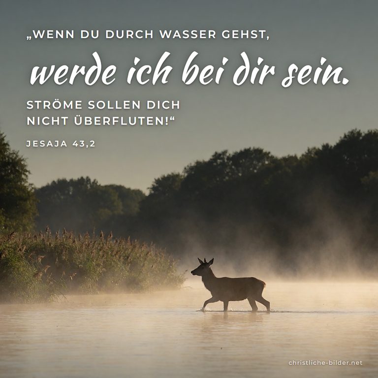 Bibelvers Jesaja 43,2: Wenn du durch Wasser gehst, werde ich bei dir sein – Hirsch durchquert nebligen Fluss