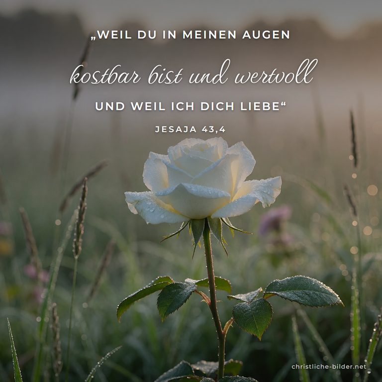 Bibelvers Jesaja 43,4: Du bist in meinen Augen kostbar und wertvoll – Weiße Rose im Morgentau
