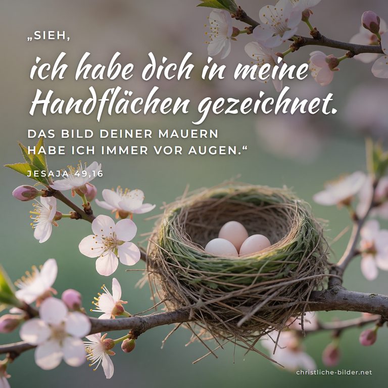 Bibelvers Jesaja 49,16: Ich habe dich in meine Handflächen gezeichnet – Vogelnest zwischen Kirschblüten