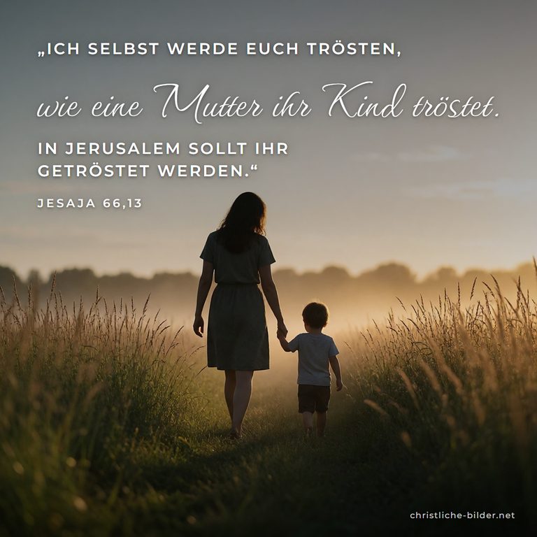 Bibelvers Jesaja 66,13: Wie eine Mutter ihr Kind tröstet – Mutter und Kind im Abendlicht