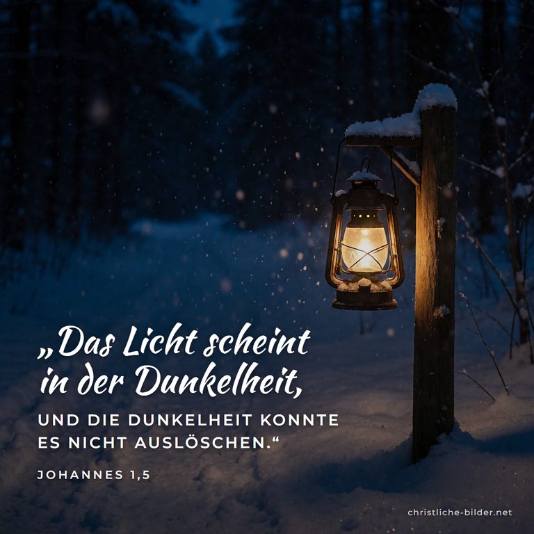 Bibelvers Johannes 1,5: Das Licht scheint in der Dunkelheit – Laterne am verschneiten Waldweg