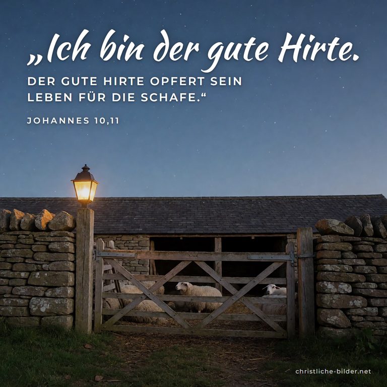 Bibelvers Johannes 10,11: Ich bin der gute Hirte – Schafpferch mit Laterne am Abend
