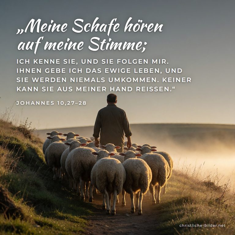 Bibelvers Johannes 10,27-28: Meine Schafe hören auf meine Stimme – Hirte geht seiner Herde voran