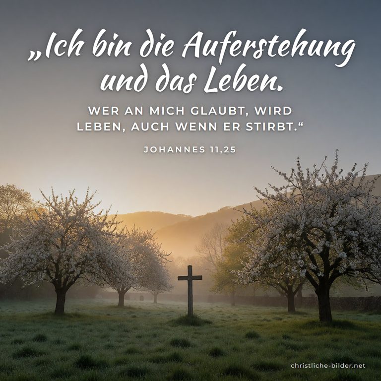 Bibelvers Johannes 11,25: Ich bin die Auferstehung und das Leben – Holzkreuz zwischen blühenden Bäumen