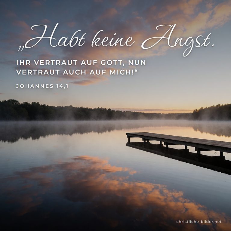 Bibelvers Johannes 14,1: Habt keine Angst – Stiller See im Morgenrot
