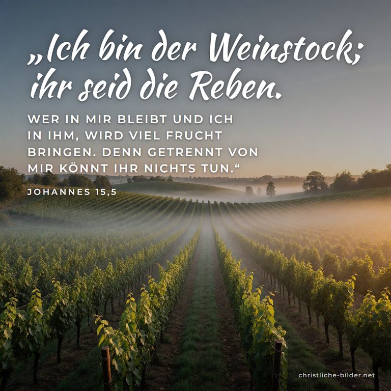 Bibelvers Johannes 15,5: Ich bin der Weinstock; ihr seid die Reben – Weinberg im Morgennebel