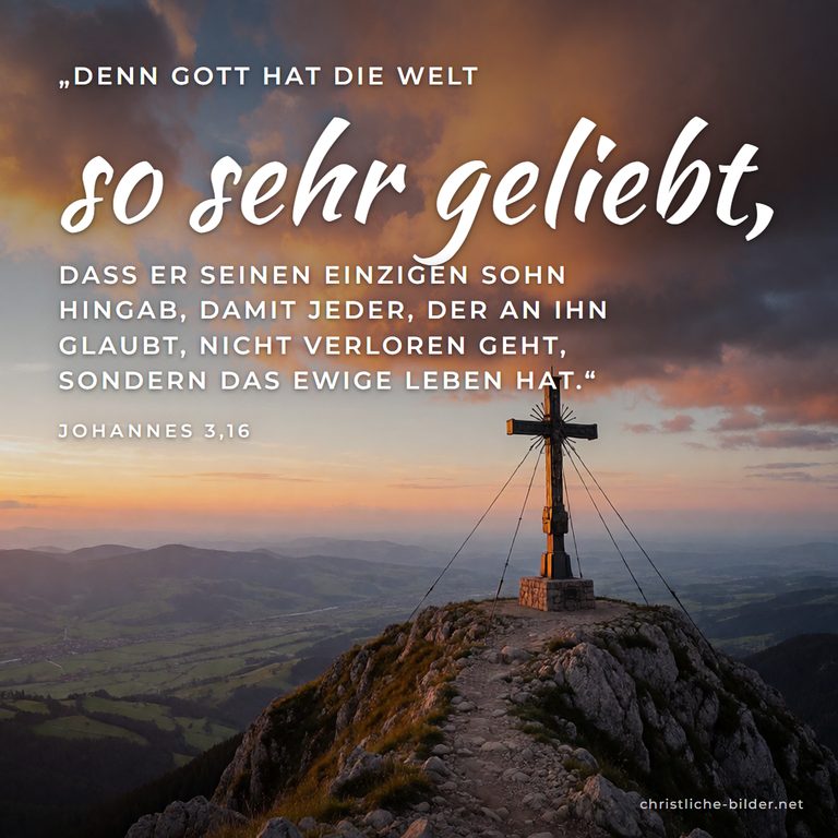 Bibelvers Johannes 3,16: Denn Gott hat die Welt so sehr geliebt – Gipfelkreuz im Abendrot