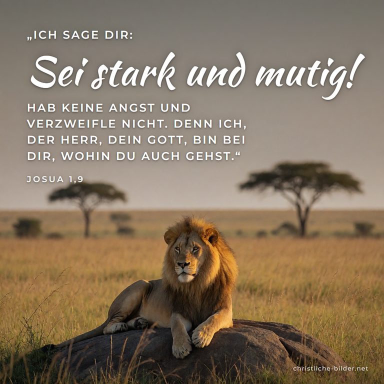 Bibelvers Josua 1,9: Sei stark und mutig – Löwe im goldenen Abendlicht