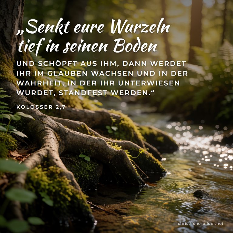 Bibelvers Kolosser 2,7: Senkt eure Wurzeln tief in seinen Boden – Baumwurzeln am klaren Bach