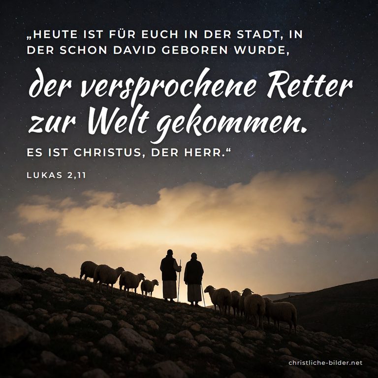 Bibelvers Lukas 2,10-11: Heute ist für euch der Retter zur Welt gekommen – Hirten unter leuchtendem Nachthimmel