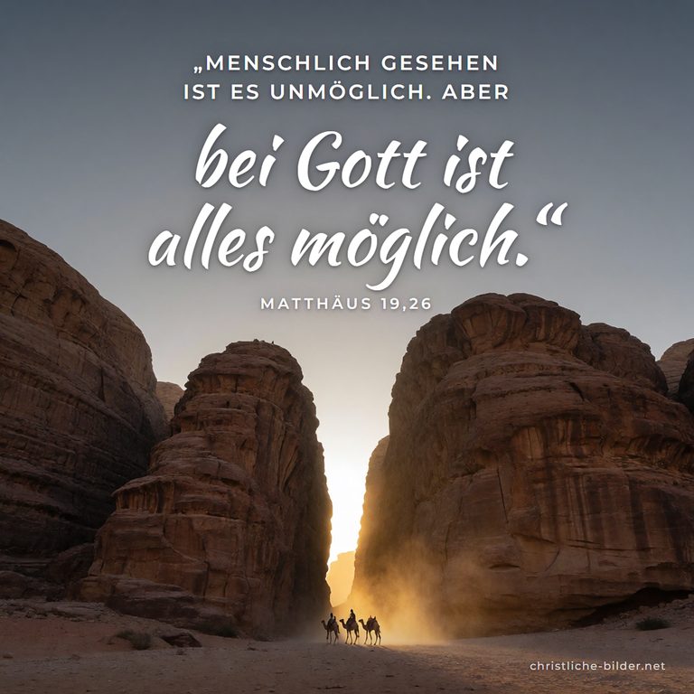 Bibelvers Matthäus 19,26: Bei Gott ist alles möglich – Kamele in enger Felsschlucht