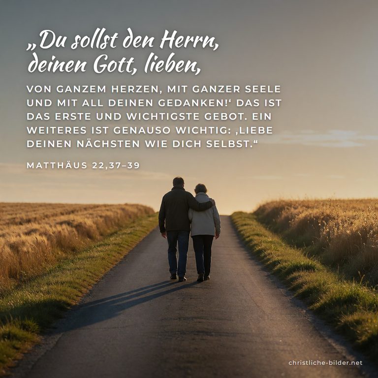 Bibelvers Matthäus 22,37-39: Du sollst den Herrn, deinen Gott, lieben – Älteres Paar Arm in Arm