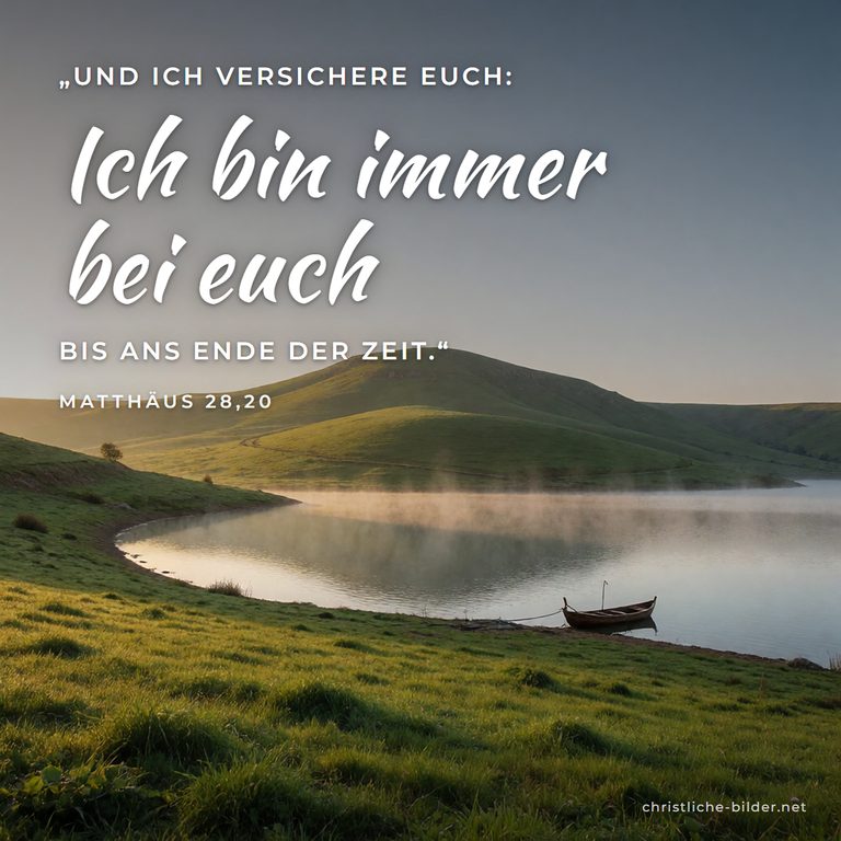 Bibelvers Matthäus 28,20: Ich bin immer bei euch – Berg am See mit Fischerboot