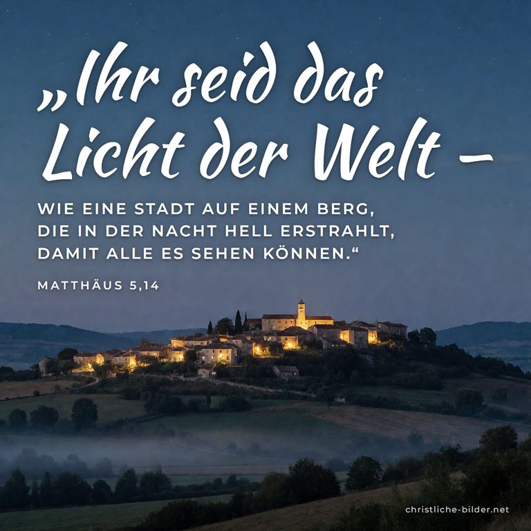 Bibelvers Matthäus 5,14: Ihr seid das Licht der Welt – Beleuchtetes Dorf auf dem Hügel
