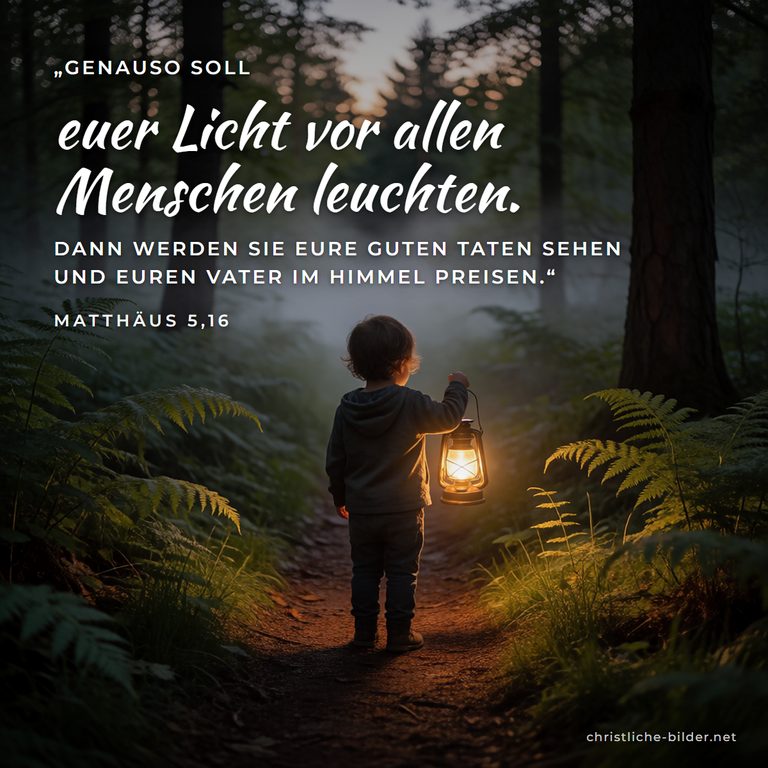 Bibelvers Matthäus 5,16: Euer Licht soll vor allen Menschen leuchten – Kind mit Laterne im Wald