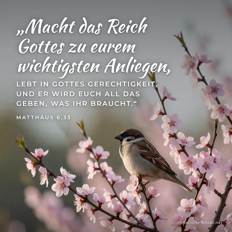 Bibelvers Matthäus 6,33: Macht das Reich Gottes zu eurem wichtigsten Anliegen – Spatz auf blühendem Zweig