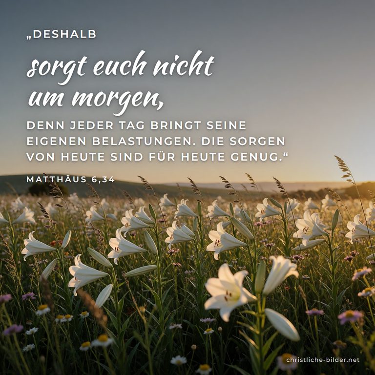 Bibelvers Matthäus 6,34: Sorgt euch nicht um morgen – Lilienwiese im goldenen Abendlicht