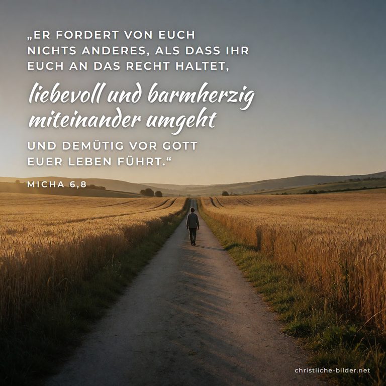 Bibelvers Micha 6,8: Es wurde dir, Mensch, doch schon längst gesagt, was gut ist – Mensch geht durch Weizenfelder