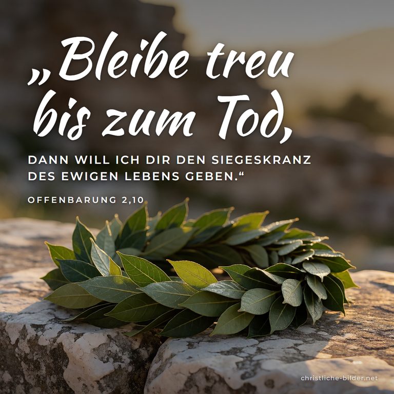 Bibelvers Offenbarung 2,10: Bleibe treu bis zum Tod – Lorbeerkranz im Morgenlicht