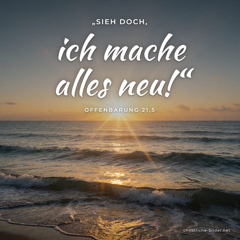 Bibelvers Offenbarung 21,5: Ich mache alles neu – Sonnenaufgang über ruhigem Meer