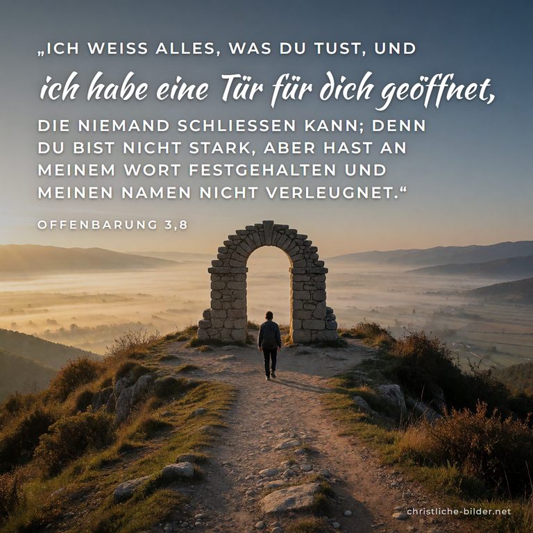 Bibelvers Offenbarung 3,8: Ich habe eine Tür für dich geöffnet – Wanderer vor einem Steinbogen am Berg