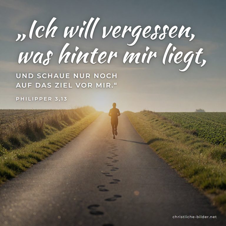 Bibelvers Philipper 3,13-14: Ich will vergessen, was hinter mir liegt – Läufer auf Landstraße ins Licht
