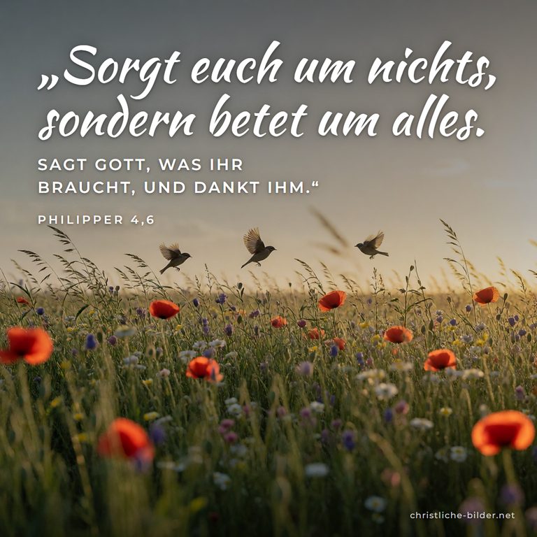 Bibelvers Philipper 4,6: Sorgt euch um nichts, sondern betet um alles – Vögel über Mohnblumenwiese
