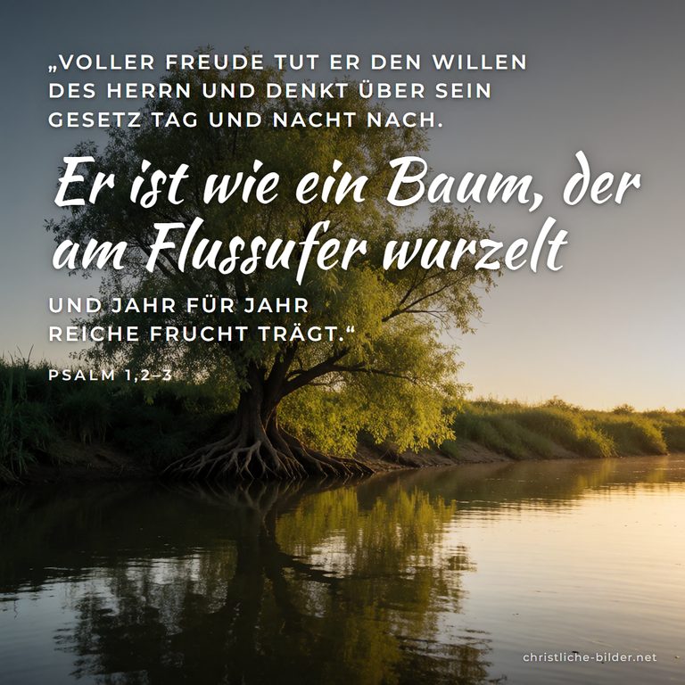 Bibelvers Psalm 1: Er ist wie ein Baum, der am Flussufer wurzelt – Baum am Flussufer im Abendlicht