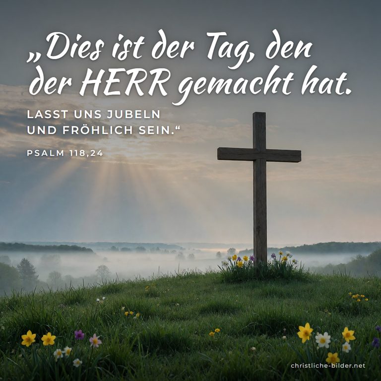 Bibelvers Psalm 118,24: Dies ist der Tag, den der HERR gemacht hat – Holzkreuz auf Frühlingswiese im Morgenlicht