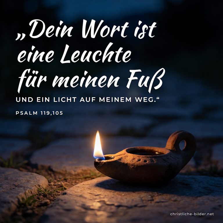 Bibelvers Psalm 119,105: Dein Wort ist eine Leuchte für meinen Fuß – Öllampe auf nächtlichem Steinweg