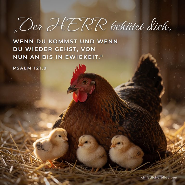 Bibelvers Psalm 121,8: Der HERR behütet dich – Henne behütet ihre Küken