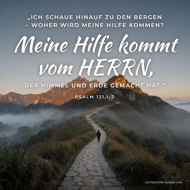 Bibelvers Psalm 121: Meine Hilfe kommt vom HERRN – Pilger auf Bergpfad bei Sonnenaufgang