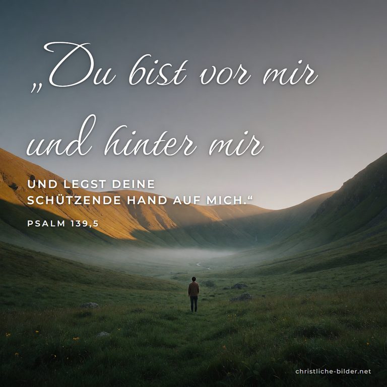 Bibelvers Psalm 139,5: Du bist vor mir und hinter mir – Mensch im Tal zwischen Bergen