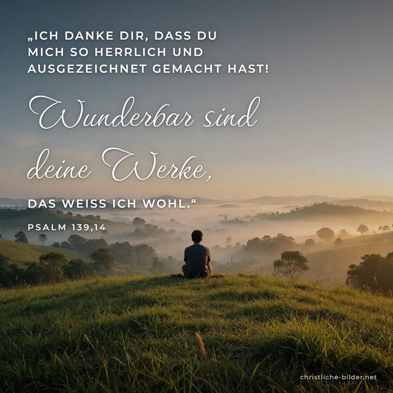 Bibelvers Psalm 139: Wunderbar sind deine Werke – Mensch auf dem Hügel im Morgennebel