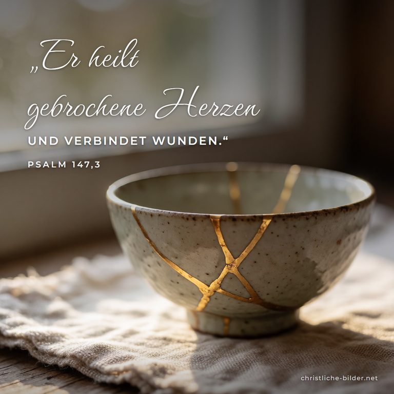 Bibelvers Psalm 147,3: Er heilt gebrochene Herzen – Mit Gold reparierte Schale