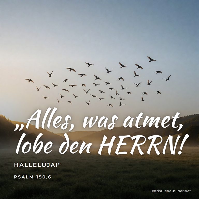 Bibelvers Psalm 150: Alles, was atmet, lobe den HERRN – Vogelschwarm über dem Tal bei Sonnenaufgang