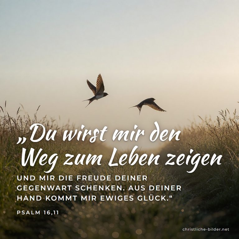 Bibelvers Psalm 16,11: Du wirst mir den Weg zum Leben zeigen – Schwalben über dem Wiesenweg