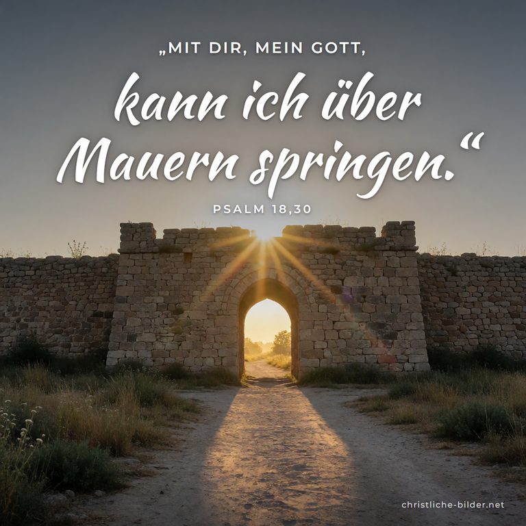 Bibelvers Psalm 18,30: Mit dir, mein Gott, kann ich über Mauern springen – Alte Stadtmauer im Morgenlicht